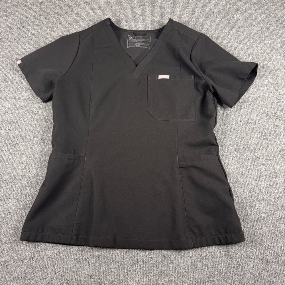 FIGS Scrub Top Women Small Black Excellent V-Neck Technical Collection 1001436
